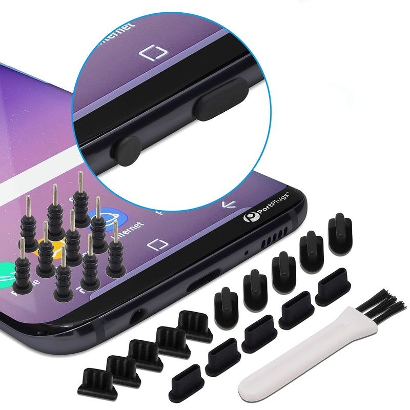 [Australia - AusPower] - Universal 25pc Charging Port Cover Set, Compatible with iPhone, USB-C, Android, Micro USB, Tablets - Includes Headset Plugs, SIM Tool & Cleaning Brush (Black) Black 25 piece 