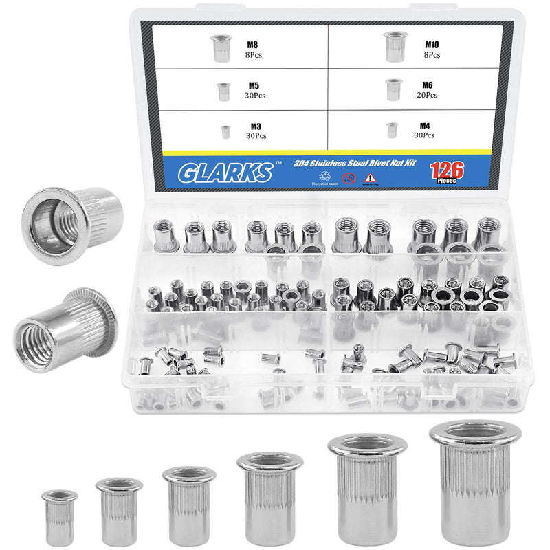 Glarks 126Pcs 304 Stainless Steel M3 M4 M5 M6 M8 M10 Flat Head Threaded Rivetnut Insert Nutsert Rivet Nut Assortment Kit