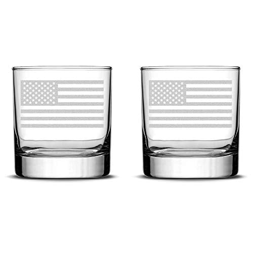Integrity Bottles Set of 2 Premium American Flag Whiskey Glasses, Hand Etched Old Glory 10oz Rocks Glasses, Made in USA, Highball Gifts, Sand Carved