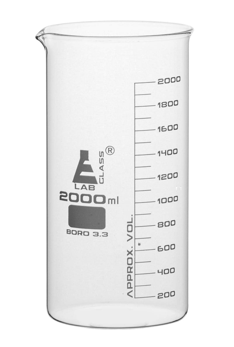 EISCO Beaker, 2000ml - Tall Form with Spout - White, 100ml Graduations - Borosilicate 3.3 Glass