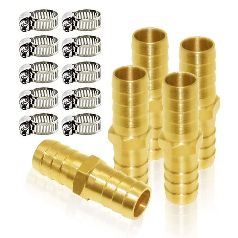 Joywayus 5/8" ID Hose Barb Hex Union Brass Fitting Water/Fuel/Air with 10 Stainless Steel Clamps (Pack of 5) 5/8" 5PCS