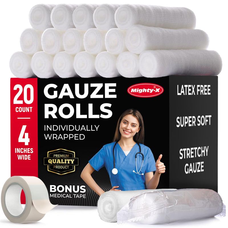 [Australia - AusPower] - Premium Gauze Rolls - (20 Pack) - 4" x 4.1yd First Aid Rolled Gauze - Individually Wrapped + Bonus Tape - Breathable Conforming Gauze Wrap Roll for Wounds 20 Pack 