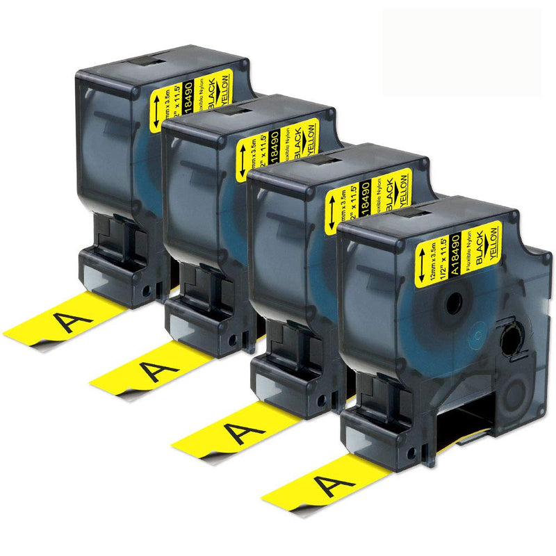 Compatible Rhino Label Tape Yellow Replace for DYMO 18490 Flexible Nylon Labels 1/2'' 12mm for DYMO Rhino 4200, 5200, 5000, 6000 Industrial Label Maker, Black on Yellow, 1/2" x 11.5',4-Pack