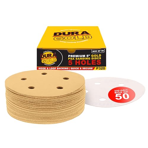 Dura-Gold 5-inch gold 320 grit hook and loop sanding discs, 5-hole pattern, box of 50