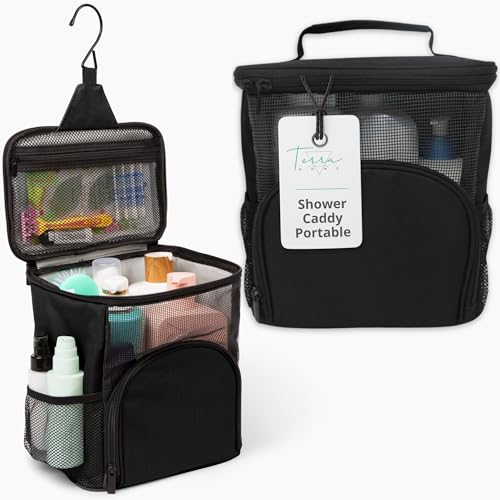 TERRA HOME Original Portable Shower Caddy For College Dorms - Foldable Mesh Tote - Dorm Room Essentials - Durable Hanging Travel Shower Bag - Perfect for College Students, Men, Women (Black) Black