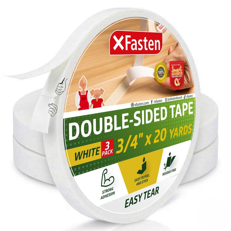 XFasten Tear-by-Hand Double Sided Tape, 3/4-Inch by 20-Yards (3-Pack), Easy Tear for DIY Crafts, Woodworking and Carpet Installation