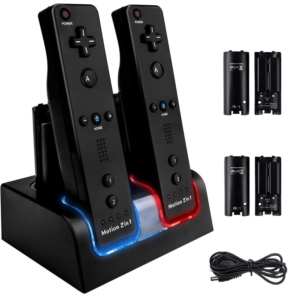 [Australia - AusPower] - TechKen 4 Charging Ports Charging Station for Wii Controller, Includes 4 Rechargeable Batteries Wii Charger Wii Charger Docking Station (Updated Version) black, 4 charging ports 