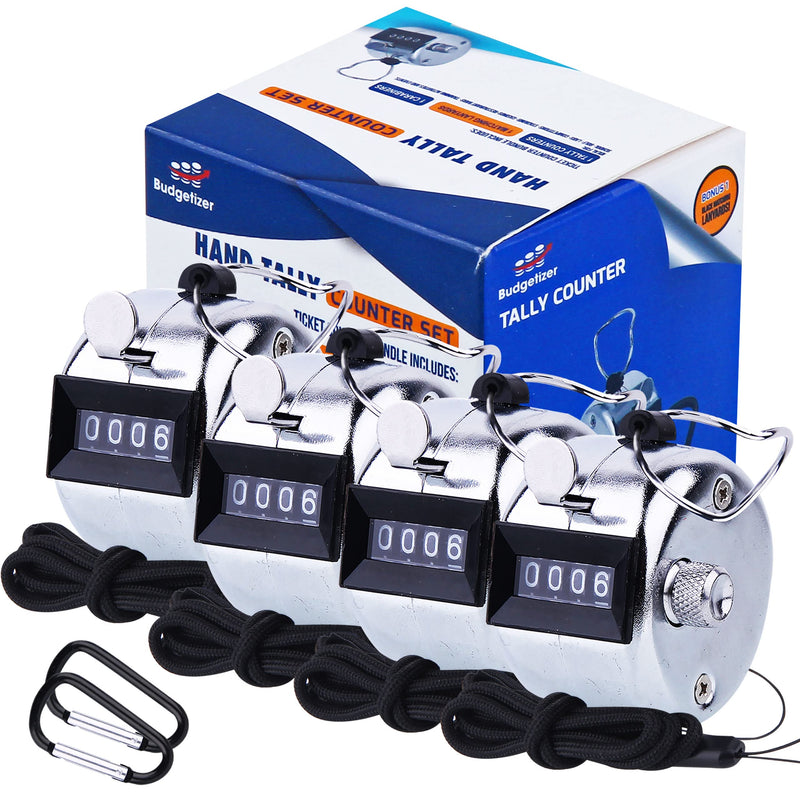 Hand Pitch Tally Counter Clicker –2/6 Pack Handheld People Lap Counter Clickers with 2 Lanyard and 2 Carabiners– Manual Mechanical 4 Digit Number Finger Ring Click for Baseball Umpire Golf Sport Metal 4 PACK