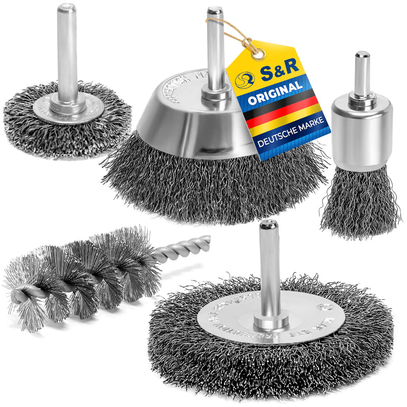 S&R Wire Brush Set 5 Pieces for Drill, Corrugated Steel Wire | Round shaft 6 mm – removal and polishing; in set: disc, pot, brush and cylinder steel brush 5-piece.