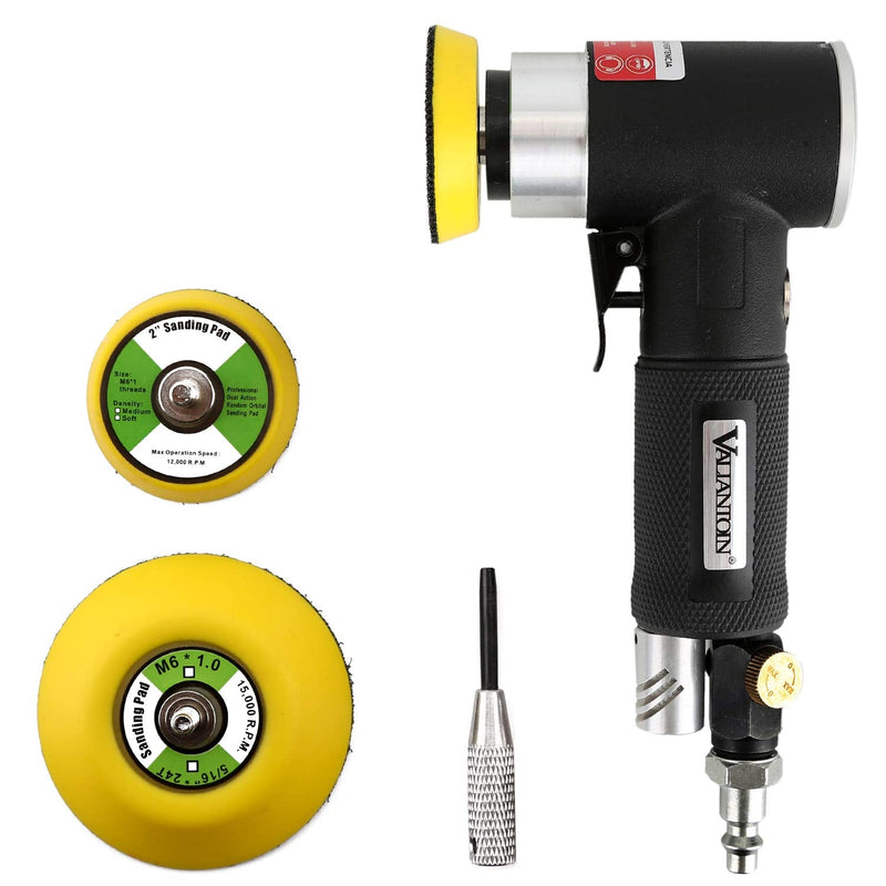 Valianto 2" 3" Mini Air Sander, Pneumatic Sander Random Orbital Eccentric Dual Action Polisher with M6 Thread Plate (2" and 3"),- Adjustable Airflow Valve - US Connector Black