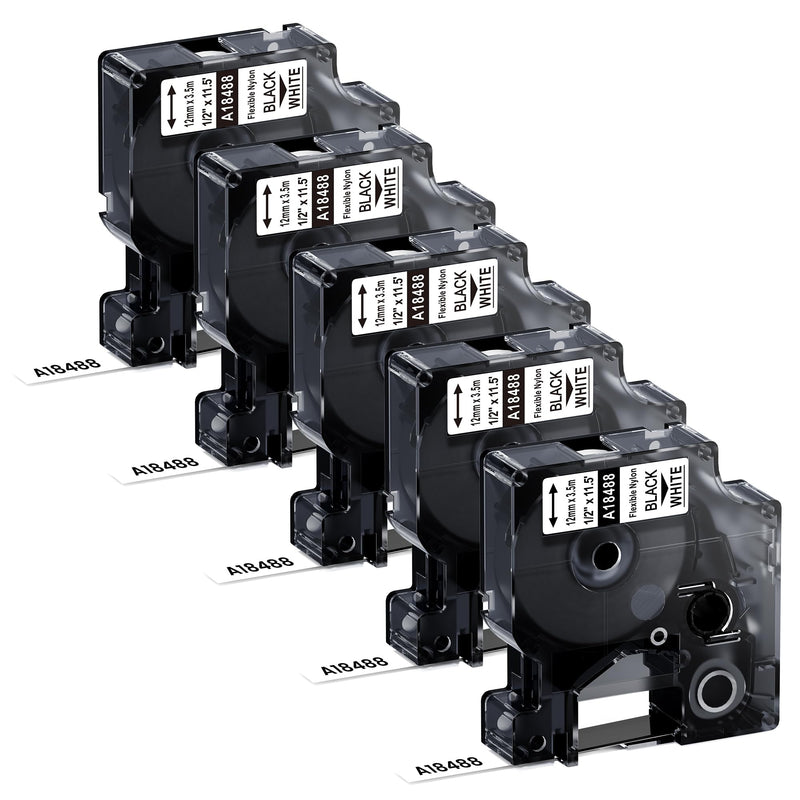 5-Pack Replacement for Dymo Rhino Flexible Nylon Labels 1/2" Rhino18488 Label Tape, Compatible with Dymo Rhino Pro LabelWriter Industrial Label Makers 4200 5200 6000, Black on White, 1/2" x 11.5' 1/2 Inch