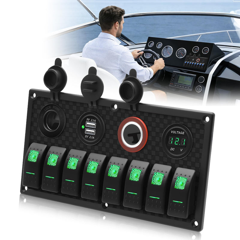 Geloo 8 Gang Marine Rocker Switch Panel, Boat Switch Panel Waterproof, 12V Switch Panel Toggle Switches Panel with LED Circuit Breaker 3.1A USB Charger Voltmeter ON/Off for Car Rvs Vehicles (Green Green