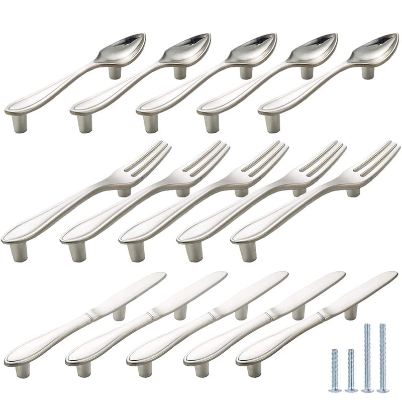 CENDGOOD Cabinet Door Pulls Tableware Handles Spoon Knife Fork Shape Kitchen Cupboard Dresser Closet Drawer Hole Center 3" Silver Pack of 15