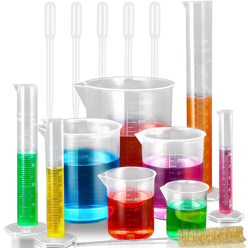 [Australia - AusPower] - moveland Plastic Graduated Cylinders and Beakers with 5 Pipettes, 10ml 25ml 50ml 100ml Cylinders, 50ml 100ml 250ml 500ml 1000ml Beakers, Ideal for DIY and Kids Science Lab 