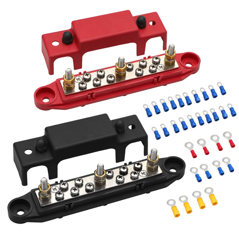 [Australia - AusPower] - Mofeez Bus Bar -3x1/4”Post,10x#8 Screw Terminal Power Distribution Block with Ring Terminals(Pair - Red & Black) Red & Black Bus Bar with Terminals 