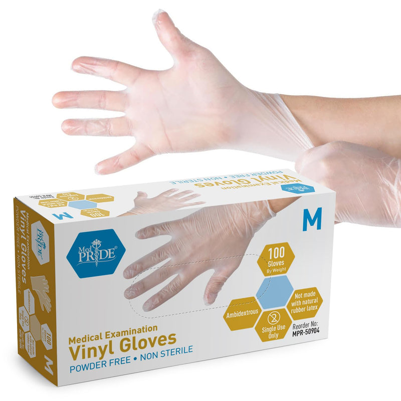 [Australia - AusPower] - MED PRIDE Disposable Medical Grade Vinyl Exam Gloves, Latex & Powder Free, Ultra-Strong, for Healthcare & Food Handling (Medium (Pack of 100) 100 Clear) Medium (Pack of 100) 