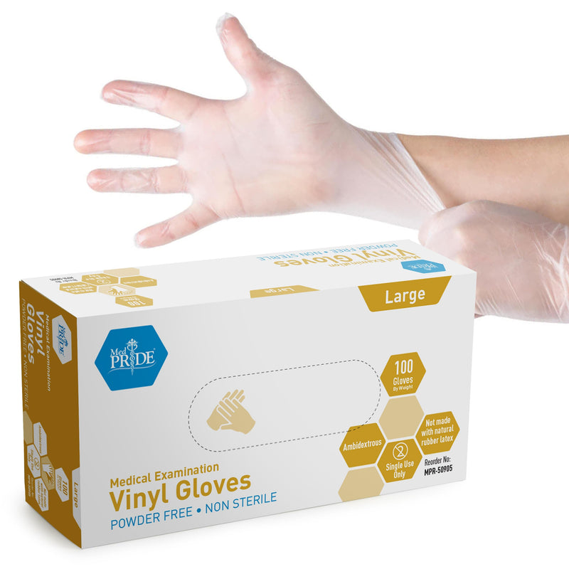 [Australia - AusPower] - MED PRIDE Medical Vinyl Examination Gloves (Large, 100-Count) Latex & Rubber Free, Ultra-Strong, Clear Disposable Powder-Free Gloves for Healthcare & Food Handling Use Large (Pack of 100) 