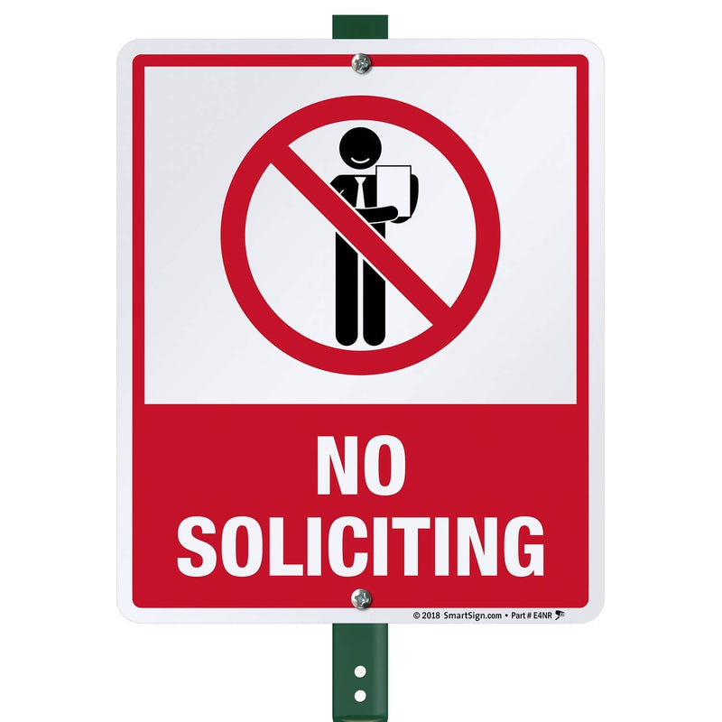 SmartSign 12 x 10 inch “No Soliciting” Yard Sign with 3 foot Stake, 40 mil Laminated Rustproof Aluminum, Red, Black and White, Set of 1