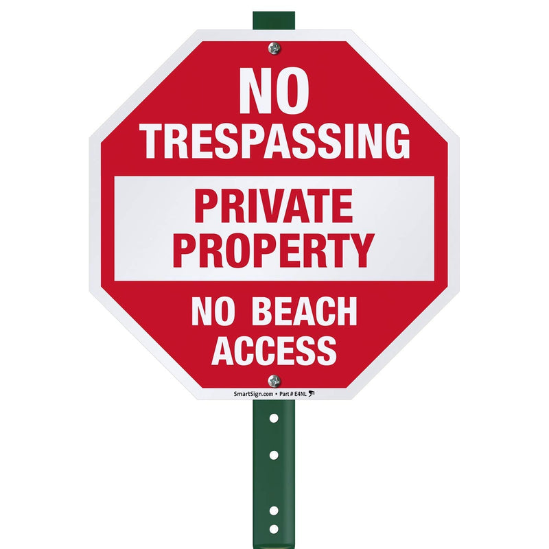 SmartSign 10 x 10 inch “No Trespassing - Private Property, No Beach Access” Octagon Yard Sign with 3 foot Stake, 40 mil Laminated Rustproof Aluminum, Red and White, Set of 1