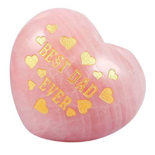 mookaitedecor Rose Quartz Carved Best Dad Ever Heart Stone Palm Stone Pink & Gold #2 1.6 Inch