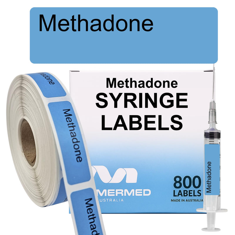 [Australia - AusPower] - Methadone Anesthetic Syringe Labels - Box of 800 Labels on Roll (1" core). 12mm x 40mm (Approx 0.5" x 1.5"). Latex-Free Permanent Adhesive. Printed in Australia by Specialist Medical Printer 