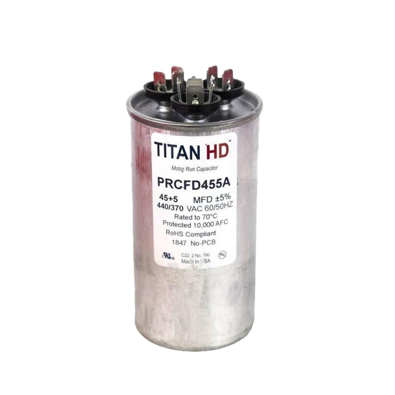 Titan Hd Round Motor Dual Run Capacitor, 45/5 Microfarad Rating, 370-440VAC Voltage - PRCFD455A
