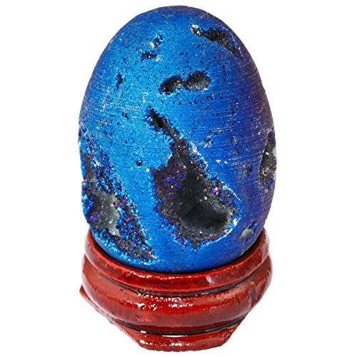 TUMBEELLUWA Titanium Coated Druzy Geode Crystal Egg with Wooden Stand Deep Blue 1.6"x1.2"