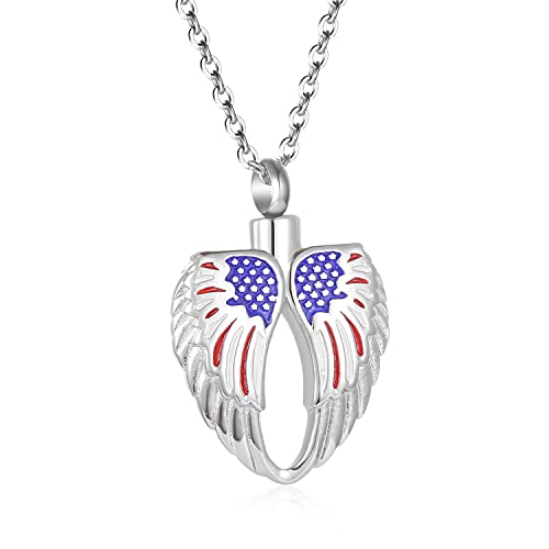 Angel Wings Feather Heart with American Flag Cremation Pendant Jewelry for Human Ashes Urn Holder Keepsake Jewellery Silver