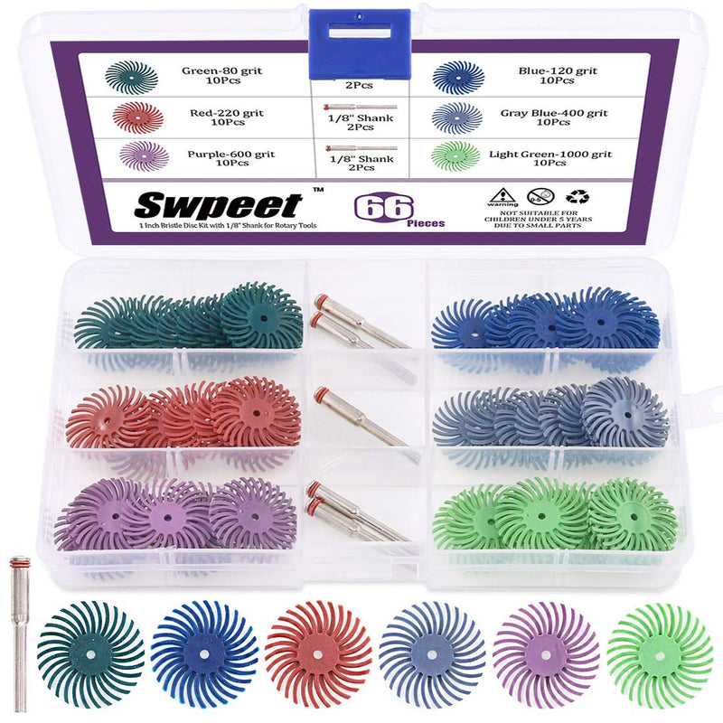 Swpeet 66pcs 1 inch 6 Mixed Grit 80/120/220/400/600/1000 Radial Bristle Sanding Brush Gap Polishing Pad Polishing Discs Assortment Kit