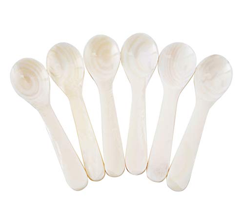 DUEBEL Set of 6 White Mother of Pearl MOP Caviar Spoons for Caviar, Egg, Icecream, Coffee Serving (White, 11x2.5cm)
