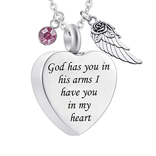 God has You in his arms with Angel Wing Charm Cremation Ashes Jewelry Keepsake Memorial Urn Necklace with Birthstone Crystal October