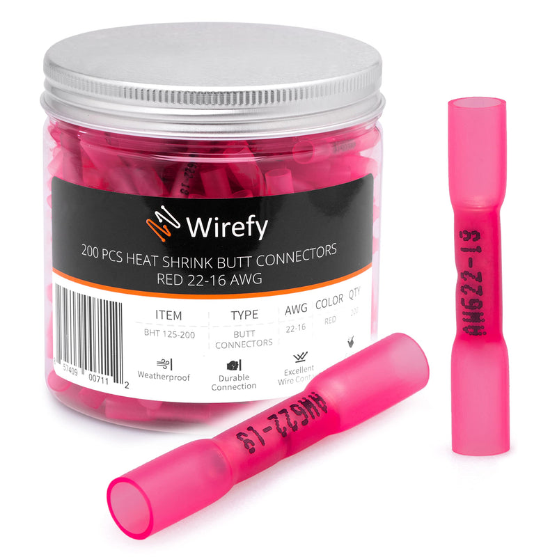 [Australia - AusPower] - Wirefy 200 PCS Heat Shrink Butt Connectors Red 22-16 AWG - Marine Grade Butt Connectors - Wire Butt Splice Connectors - Electrical Waterproof Heat Shrink Butts 