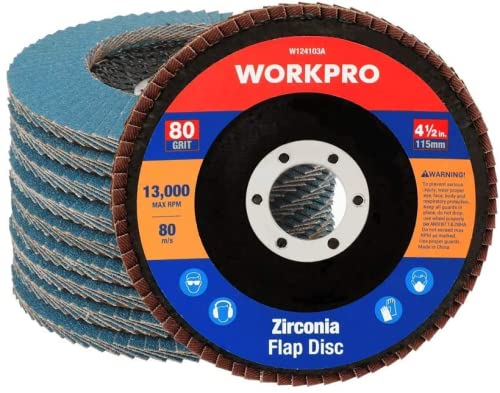 WORKPRO Professional Serrated Washers Diameter 115 mm x 22.2 mm Pack of 10 | Flap Disc - Grit 80 - Blue Standard Sanding Mop Disc for Stainless Steel, Metal and Wood