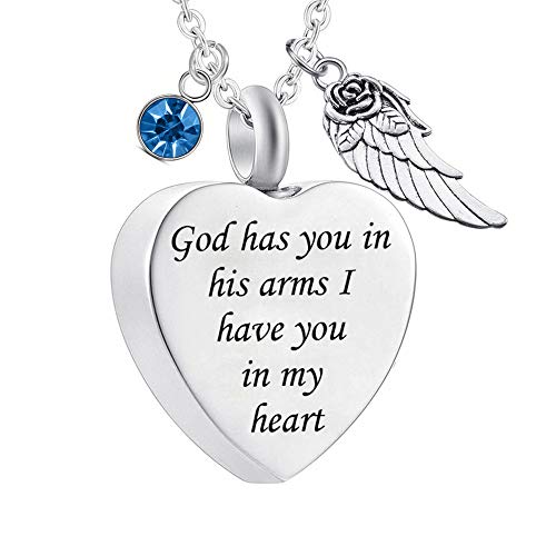 misyou God has You in his arms with Angel Wing Charm Cremation Ashes Jewelry Keepsake Memorial Urn Necklace with Birthstone Crystal (March)