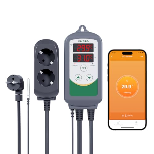 Inkbird Wi-Fi Thermostat Heating Cooling, ITC-308-Wi-Fi Socket, Thermostat, Temperature Controller, with App Control, Terrarium Thermostat with Probe for Incubator, Brewing | Digital Thermal Socket with Sensor for Greenhouse Reptile Terrarium Agriculture