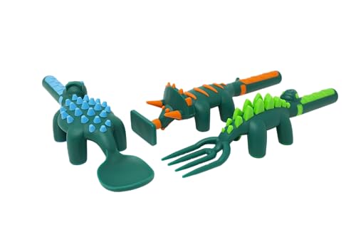 Constructive Eating - Toddler Dinosaur Utensils Made in USA - Silverware for Toddlers - Utensils for Kids - Constructive Eating Utensil Set Green Dinosaur