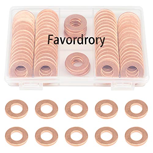 Favordrory M10 x 20 x 2mm copper flat sealing washers, 60-piece set