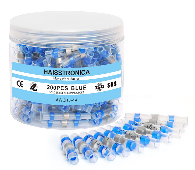 haisstronica 200PCS Solder Seal Wire Connectors,Waterproof Wire Connectors, Heat Shrink Butt Connectors for Watercraft,Electrical,Electronics 16-14 Blue AWG 16-14 Blue 200