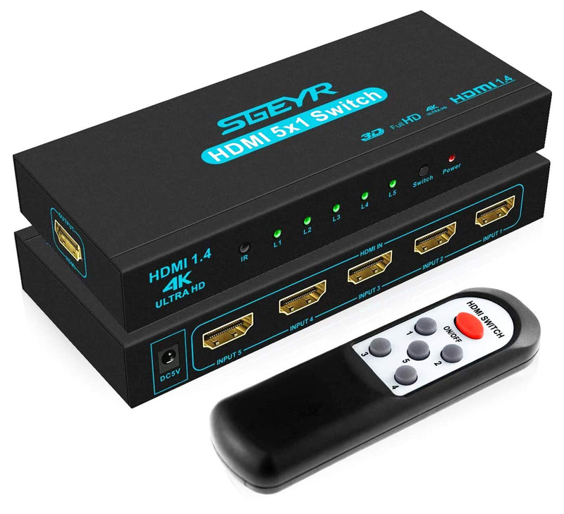 [Australia - AusPower] - HDMI Switch SGEYR 5x1 HDMI Switcher 5 in 1 Out HDMI Switch Selector 5 Port Box with IR Remote Control HDMI 1.4 HDCP 1.4 Support 4K@30Hz Ultra HD 3D 2160P 1080P Blue 