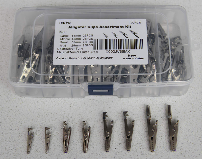 [Australia - AusPower] - Multipurpose Metal Mini Alligator Clips for Battery Test Lead Steel Crocodile Clamps, Place Card Holder,Silver Tone Nickel Plated Large/Midium/Small/Mini (51/45/35/28mm) 4 Sizes/100PCS All sizes 