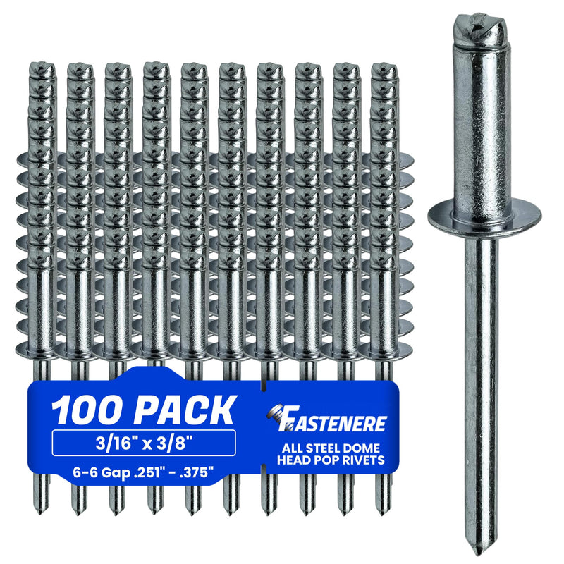 [Australia - AusPower] - Pop Rivets - 3/16" x 3/8" (100 pcs) Heavy Duty, Open-End, Low Carbon Steel, Dome-Head Blind Rivets, Corrosion-Resistant & High Shear Strength, 6-6 Gap 0.251"-0.375" 3/16" x 3/8" (6-6) (100 Pack) 