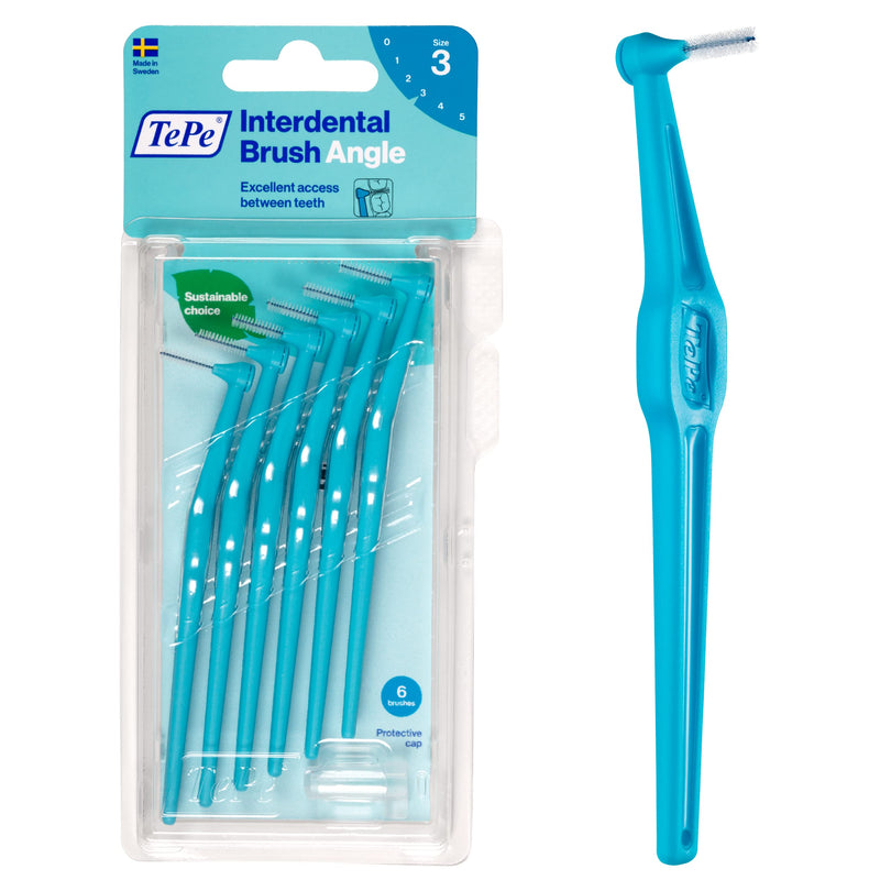 [Australia - AusPower] - TEPE Interdental Brush Angle, Angled Dental Brush for Teeth Cleaning, Pack of 6, 0.6 mm, Medium Gaps, Blue, Size 3 