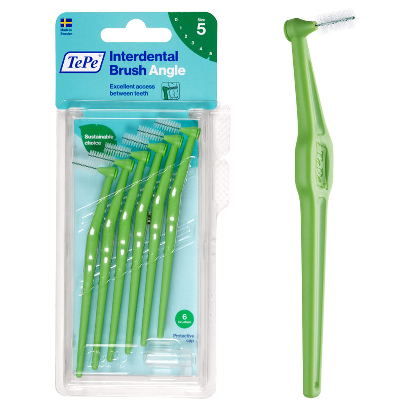 [Australia - AusPower] - TEPE Interdental Brush Angle, Angled Dental Brush for Teeth Cleaning, Pack of 6, 0.8 mm, Large Gaps, Green, Size 5 