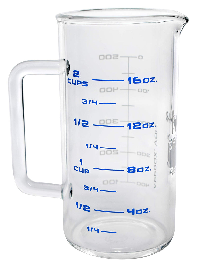 hBARSCI Industrial Beaker Mug, 500ml - Extra Heavy Duty 3.3 Borosilicate Glass - Tall Form, with Spout - Double Sided, Printed Graduations in Cups, Ounces & Milliliters