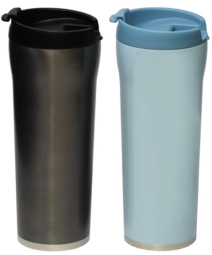 MIRA 2 Pack 16 oz Coffee Travel Mug - Stainless Steel Insulated Tumbler with Leak-Proof Lid - Hot & Cold Cup - Gray Satin & Pearl Blue 16 Ounces Two Pack - Gray & Pearl Blue