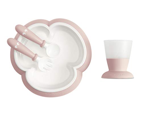 BabyBjörn baby feeding set in powder pink, 4-piece flatware set with spoon, fork, and utensils for infants.