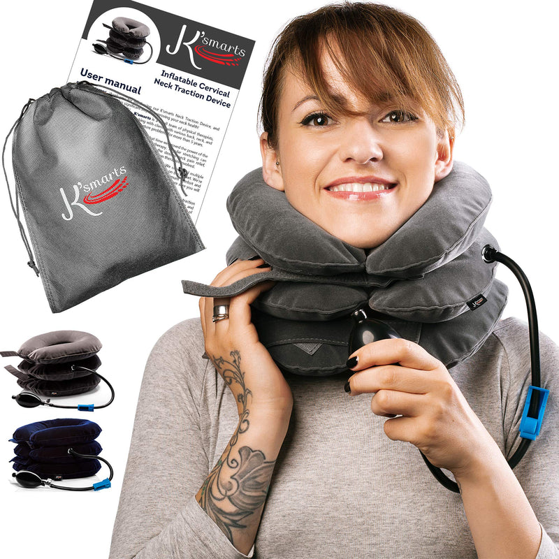 [Australia - AusPower] - Pinched Nerve Neck Stretcher Cervical Traction Device for Home Pain Treatment | Inflatable Spinal Decompression Collar Unit Muscle Strain Injury Relief | Herniated Disc Problems Remedy Kit (Gray) Gray 