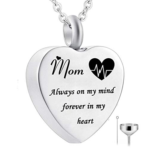 HQ Heart Urn Necklace for Ashes Always on My Mind Forever in My Heart Cremation Jewelry Memorial Ashes Keepsake Pendant Birthstone Jewelry (mom)