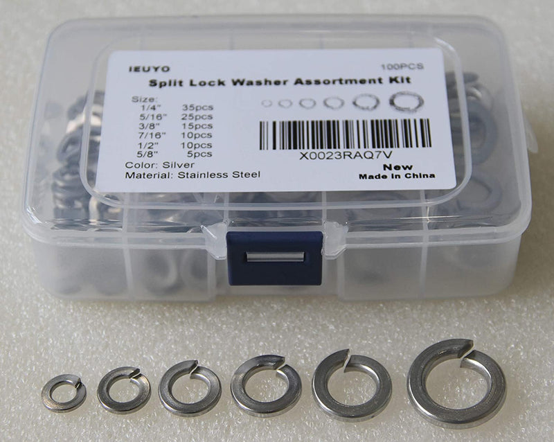 [Australia - AusPower] - 304 Stainless Steel Split Lock Washer Kit, Spring Lock Washer 1/4" 5/16" 3/8" 7/16" 1/2" 5/8",6Sizes/100Pcs 1/4" to 5/8"- 6Sizes Split style 