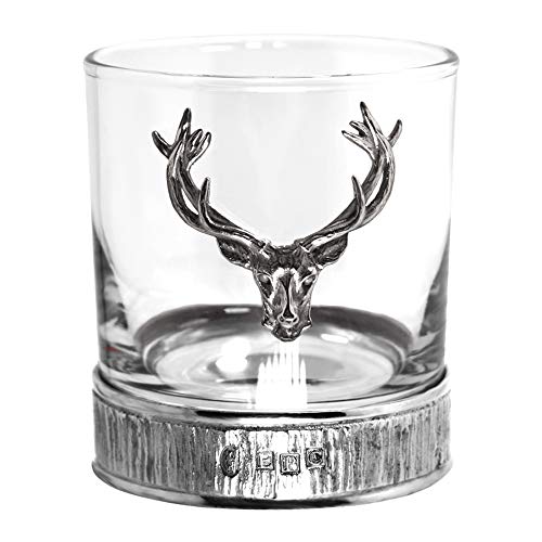 English Pewter Company 11oz Old Fashioned Whisky Rocks Glass With Stag Deer Head Antler and Pewter Base [STAG203]